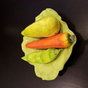 Coffee Table Art, M Studio dish, & Papier Mâché Vegetables